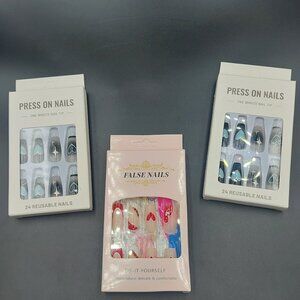 NIP 3 Sets Press on False Nails Hearts & Stars Do It Yourself 24 Reusable Nails